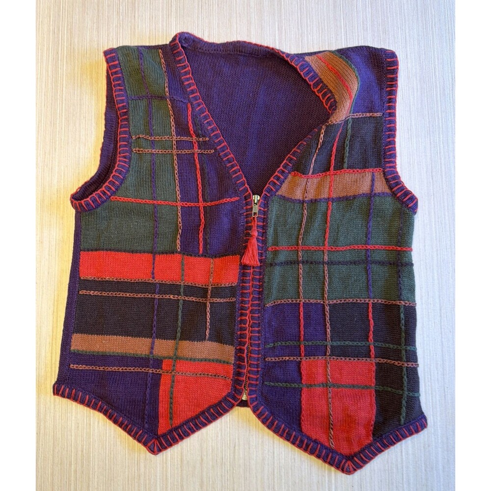 Vtg 90s Patchwork Plaid Knit Sweater Vest Zip Up Tassel Cottage Boho Holiday M